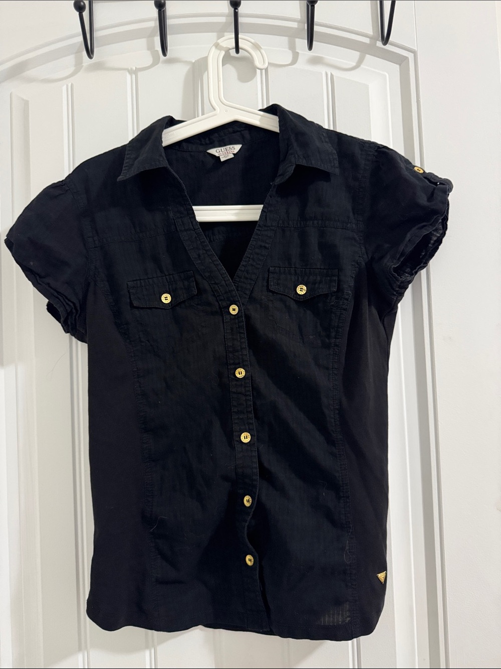 Y2K Guess Black Short Sleeve Button-Up Shirt with Gold Buttons